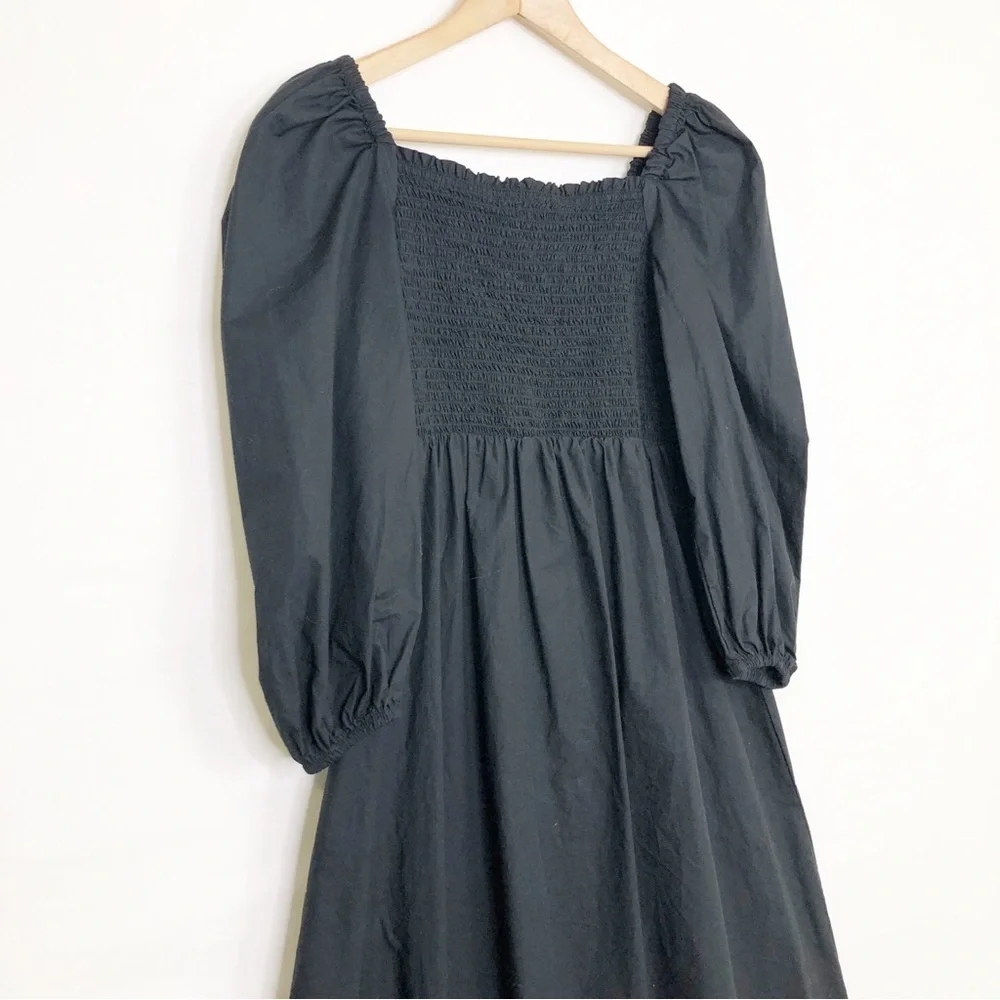 J Crew black smocked bodice puff sleeve, midi dress